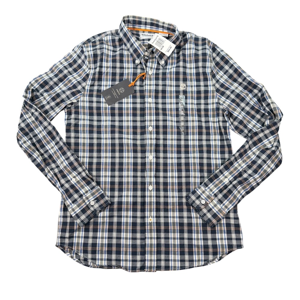 Timberland Mens Slim Fit Plaid Navy Blue Stretch Button Down Shirt Size M